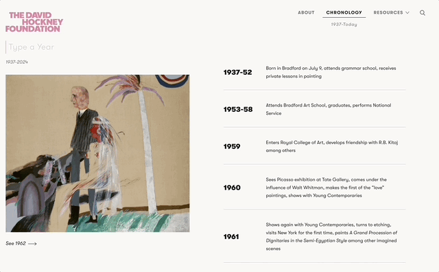 Screen capture of David Hockney Foundation chronology page