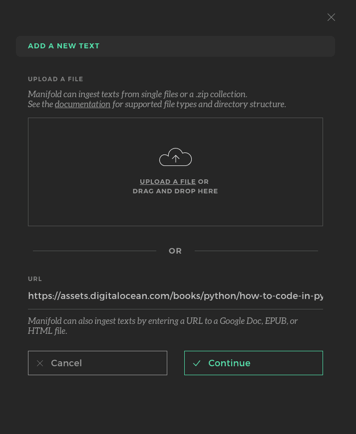 Screen capture of Manifold app document upload UI