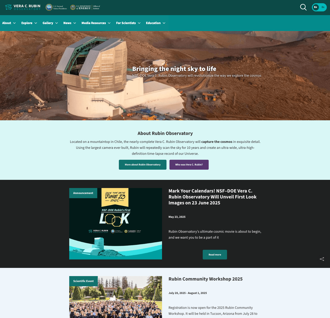 Screenshot of Rubin Observatory homepage